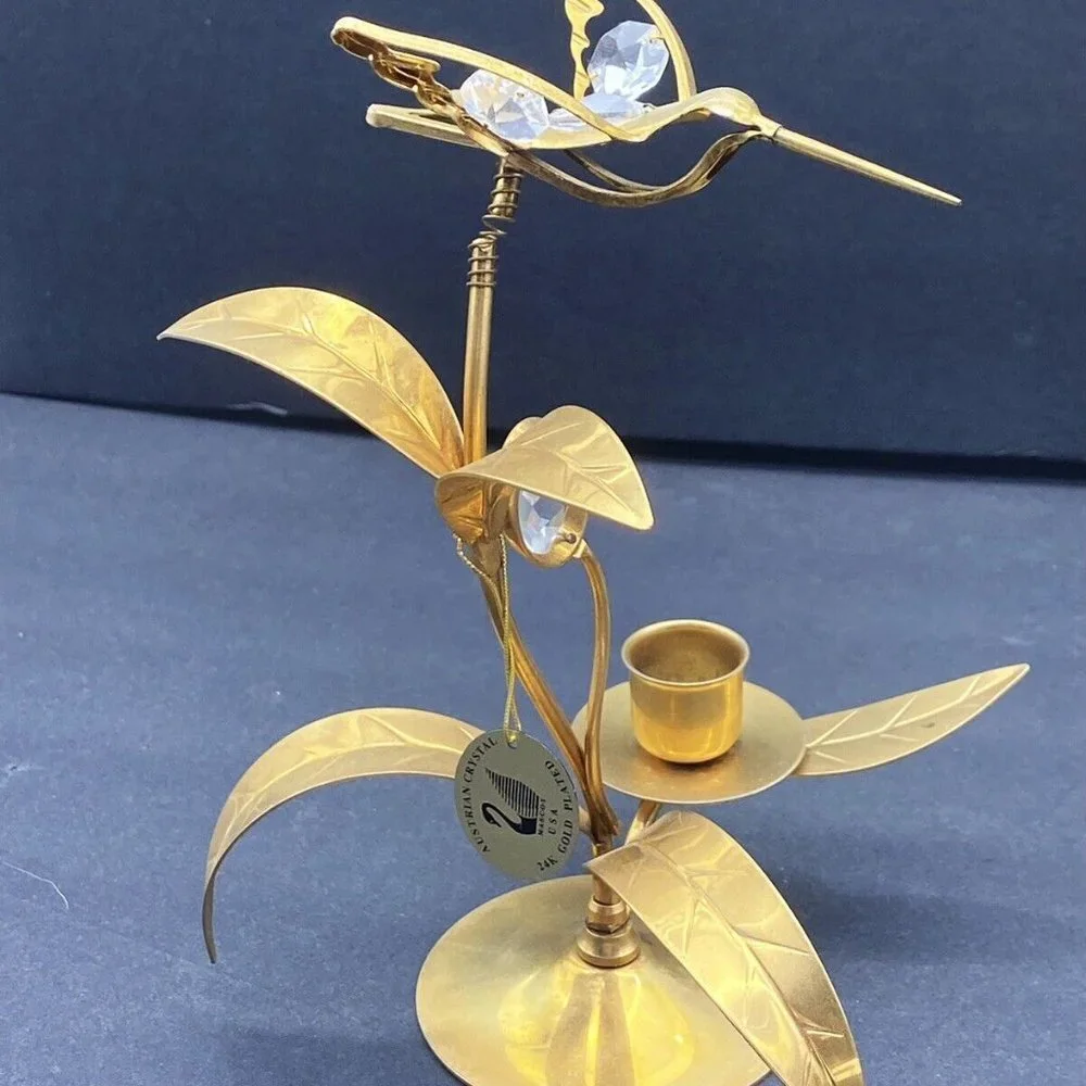 90s MASCOT USA Austrian Crystal Hummingbird Candle Holder 24K Gold Plated 8